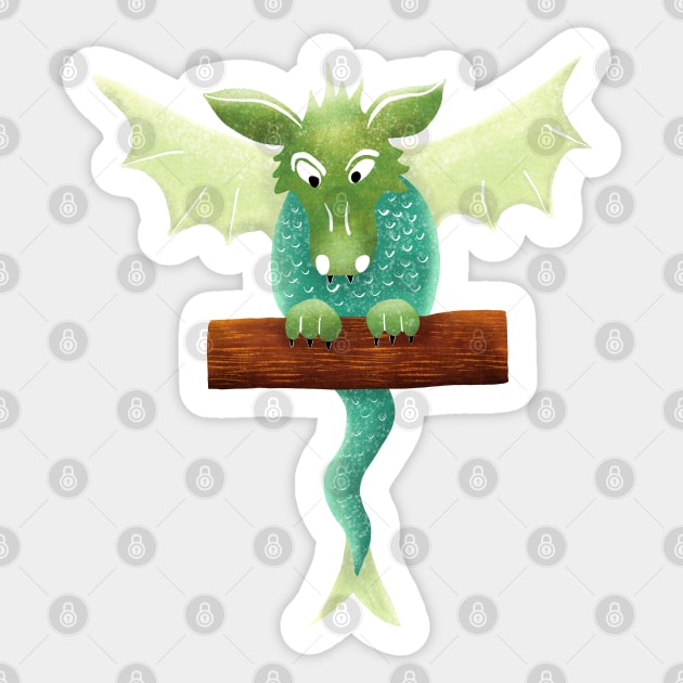 Cute Green Dragon with wings outstretched on a perch waiting to pounce. Sticker by DragonpupLees